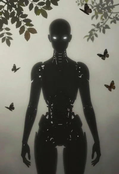 Dark silhouette humanoid figure in misty environment
