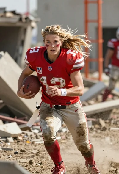 Football player running through debris field with football