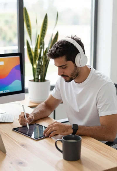 Man working at wooden desk with tablet and plants
