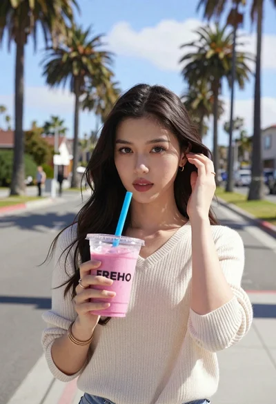 Young woman holding pink smoothie outdoors near palm trees sunny day