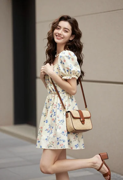 Young woman in floral mini dress standing against beige wall outdoors