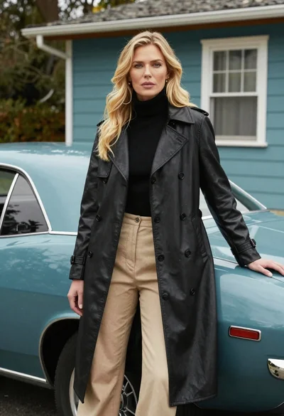 Blonde woman in black trench coat leaning on vintage teal muscle car