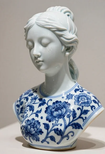 Porcelain bust sculpture of a woman with blue floral patterns
