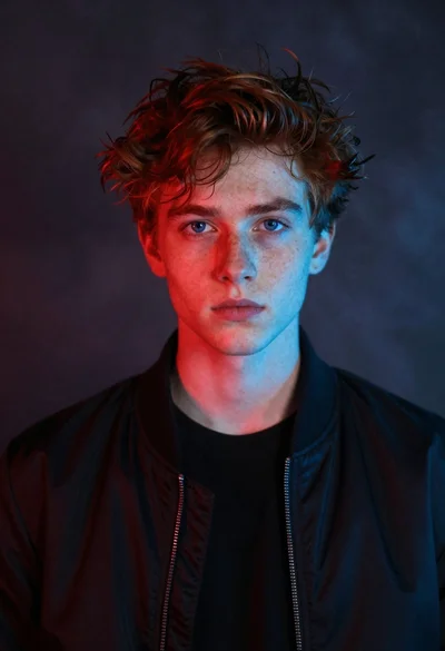 Close up portrait of young person with reddish brown hair against smoky