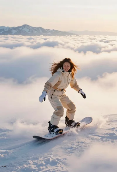 Joyful woman snowboarding above sea of clouds with distant mountains