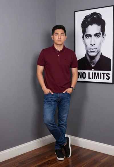 Asian man in maroon polo shirt corner studio portrait