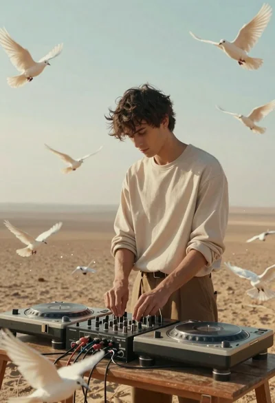 Young man mixing music in a desert under white doves