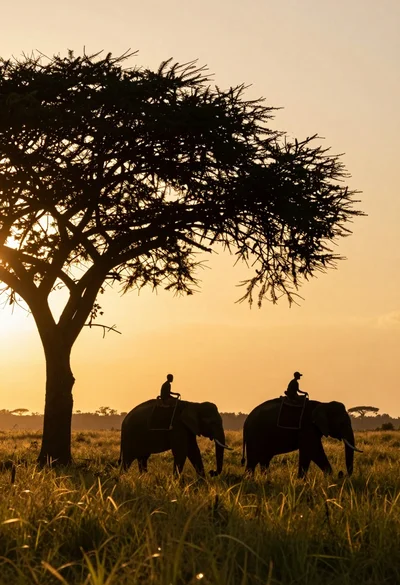 Silhouette of two elephants with riders walking across grassy plain at sunset
