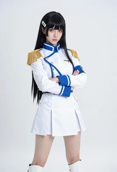 Cosplay portrait of woman in white military uniform against white studio background