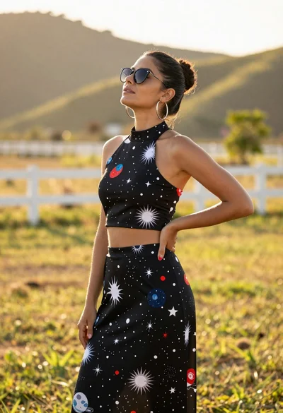 Woman in celestial print outfit standing by white fence on grassy hills