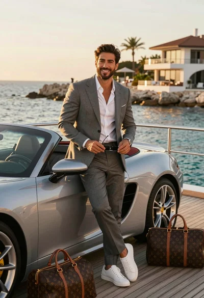 Handsome man in grey suit leaning on sports car yacht deck at
