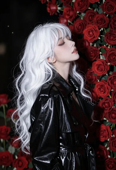 Anime portrait of woman in latex coat with red roses