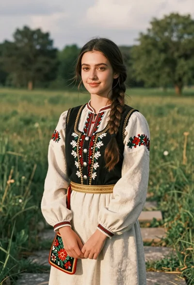 Young woman in traditional embroidered attire standing in a lush green meadow
