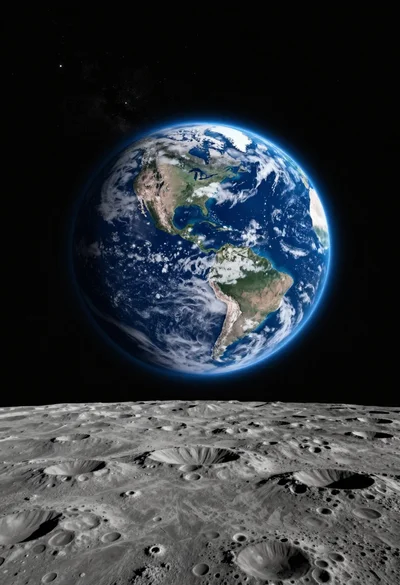 Breathtaking view of earth rising over moon cratered horizon in deep space