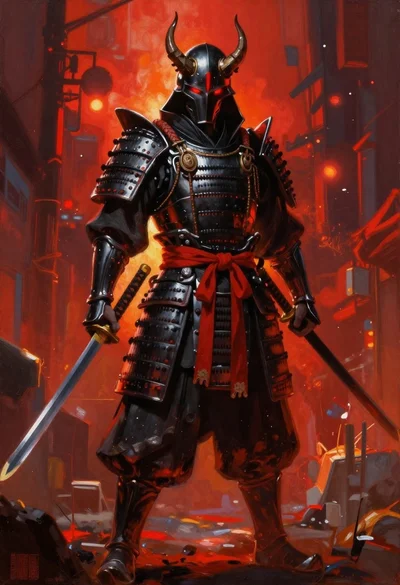 Futuristic samurai warrior in black armor on an urban street