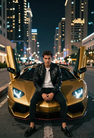 Man in leather jacket sitting on golden sports car at night