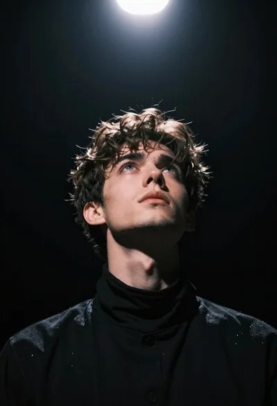Low angle portrait of young man looking up into bright spotlight