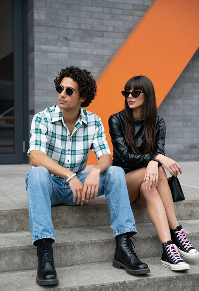 Two stylish people sitting on concrete steps near modern brick architecture
