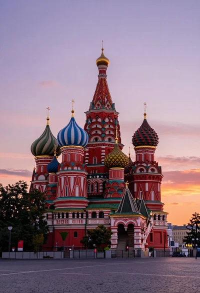 Wide view of st basils cathedral under soft twilight sky with colorful