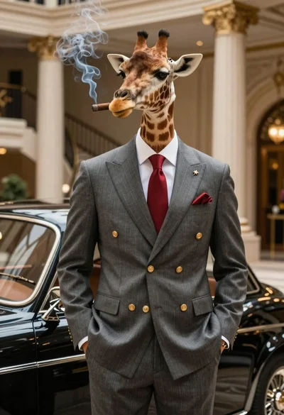 Giraffe in pinstripe suit next to vintage car