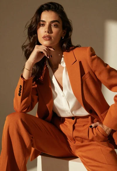 High fashion portrait of woman in orange pantsuit