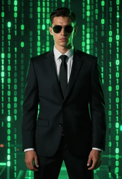 Man in dark suit against glowing digital backdrop