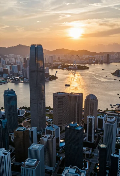 Aerial view of futuristic city skyline at sunset reflecting on calm water
