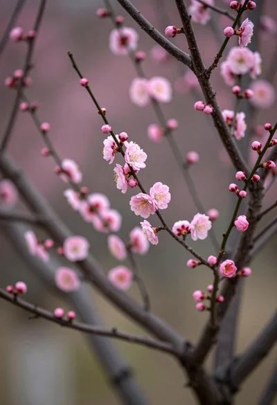Close up view of delicate pink blossoms blooming on dark slender branches