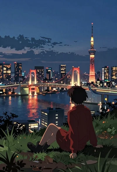 Anime figure on hill overlooking futuristic city at twilight