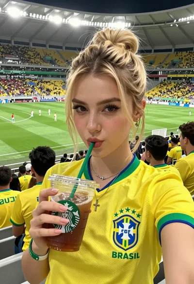 Young blonde woman taking a selfie in crowded stadium drinking iced coffee