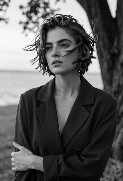 Black and white portrait of woman with short windswept hair looking away