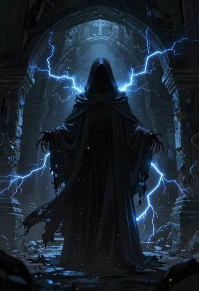 Supernatural entity in stone archway with blue lightning
