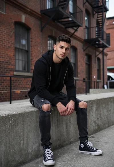 Young man sitting in an urban alleyway setting