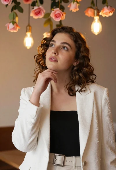 Young woman with brown hair in white blazer posing in decorated room