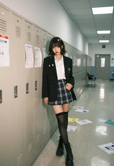 Young woman leaning against beige school lockers