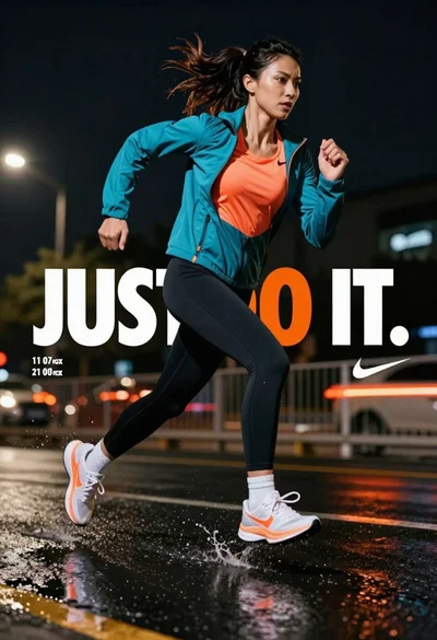 Female athlete sprinting on wet pavement at night with city lights