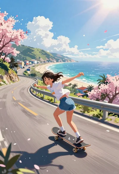 Girl skateboarding on coastal highway with cherry blossoms