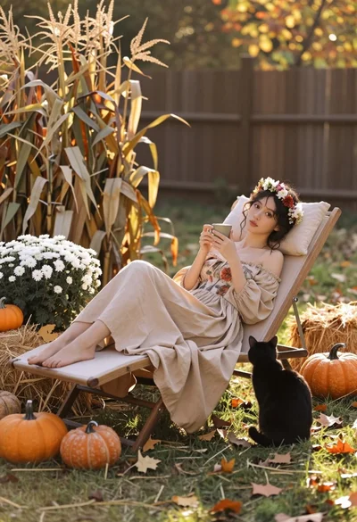 Young woman in beige dress reclining on chaise lounge in autumn garden