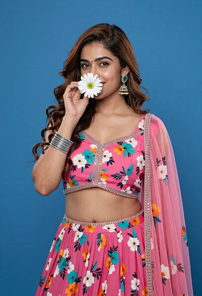 Young woman in pink floral lehenga holding daisy against solid blue background