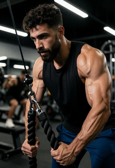 Muscular man performing tricep pushdown exercise in modern gym setting