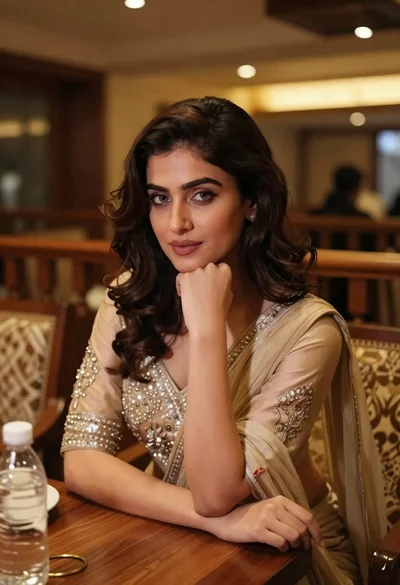 Young woman in traditional attire sitting at restaurant table with warm lighting