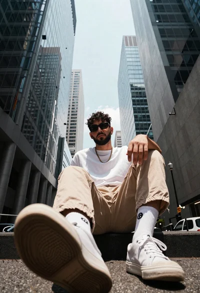 Stylish man with dark curly hair sitting in an urban canyon under
