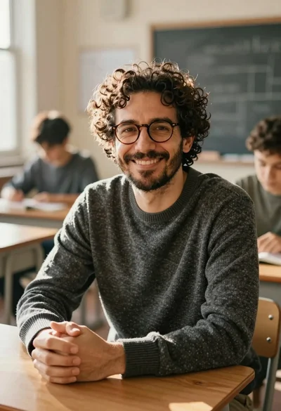 Medium close up portrait of smiling man with brown hair in classroom