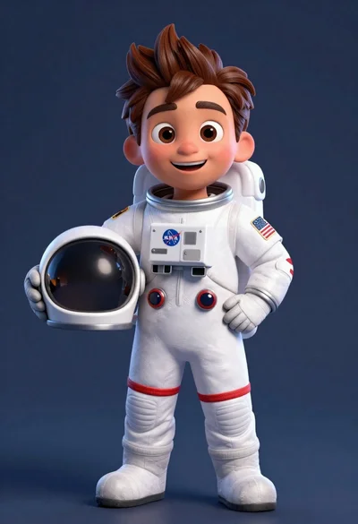 Cheerful cartoon astronaut boy holding helmet in dark blue studio