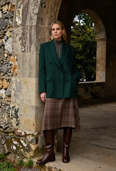 Blonde woman leaning against stone archway in tailored blazer outfit