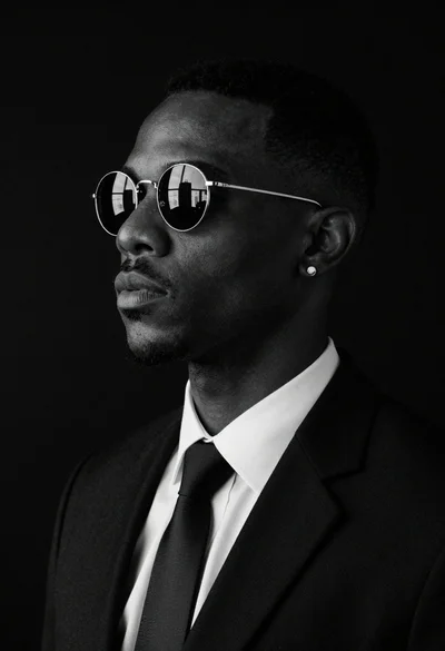 Black and white studio portrait of man with sunglasses