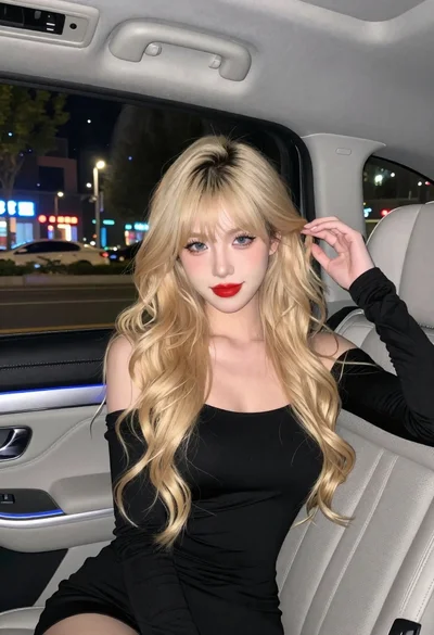 Fair skinned woman with blonde hair in luxury car interior at night