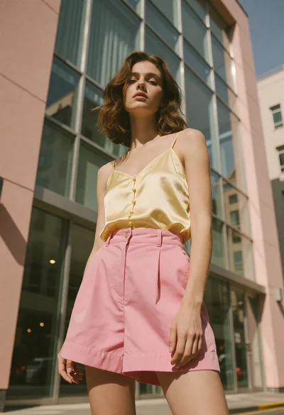 Young woman standing confidently against modern building glass windows