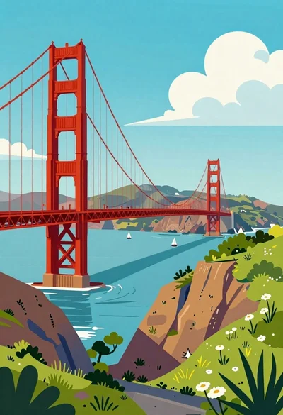 Golden gate bridge over turquoise bay with sailboats