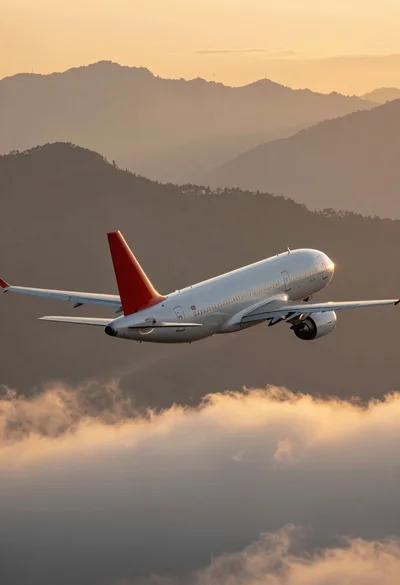 White commercial airliner flying over dramatic mountain range at sunset